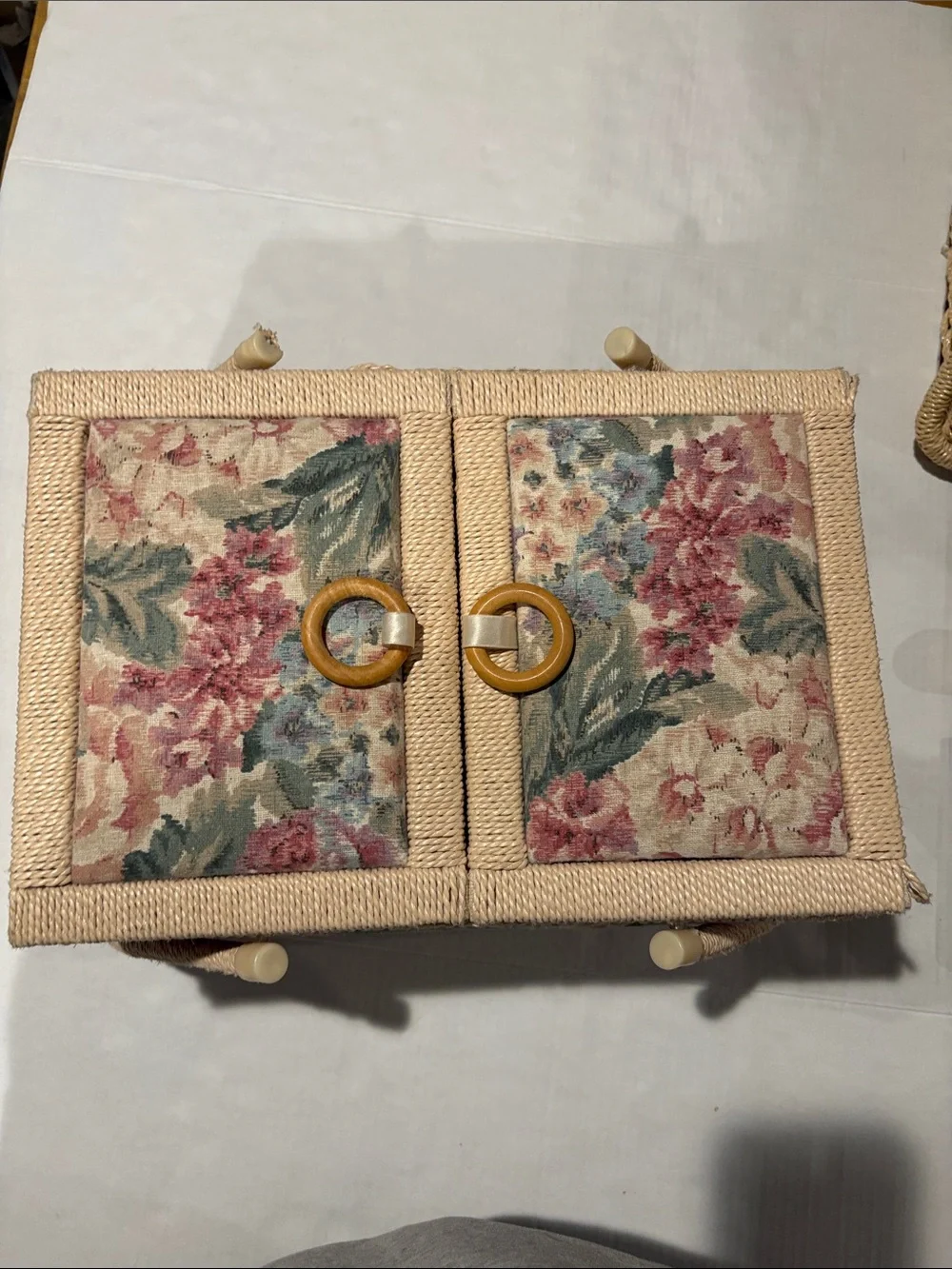 Azar Floral Pink and Green Woven Sewing Basket with Dual Handles